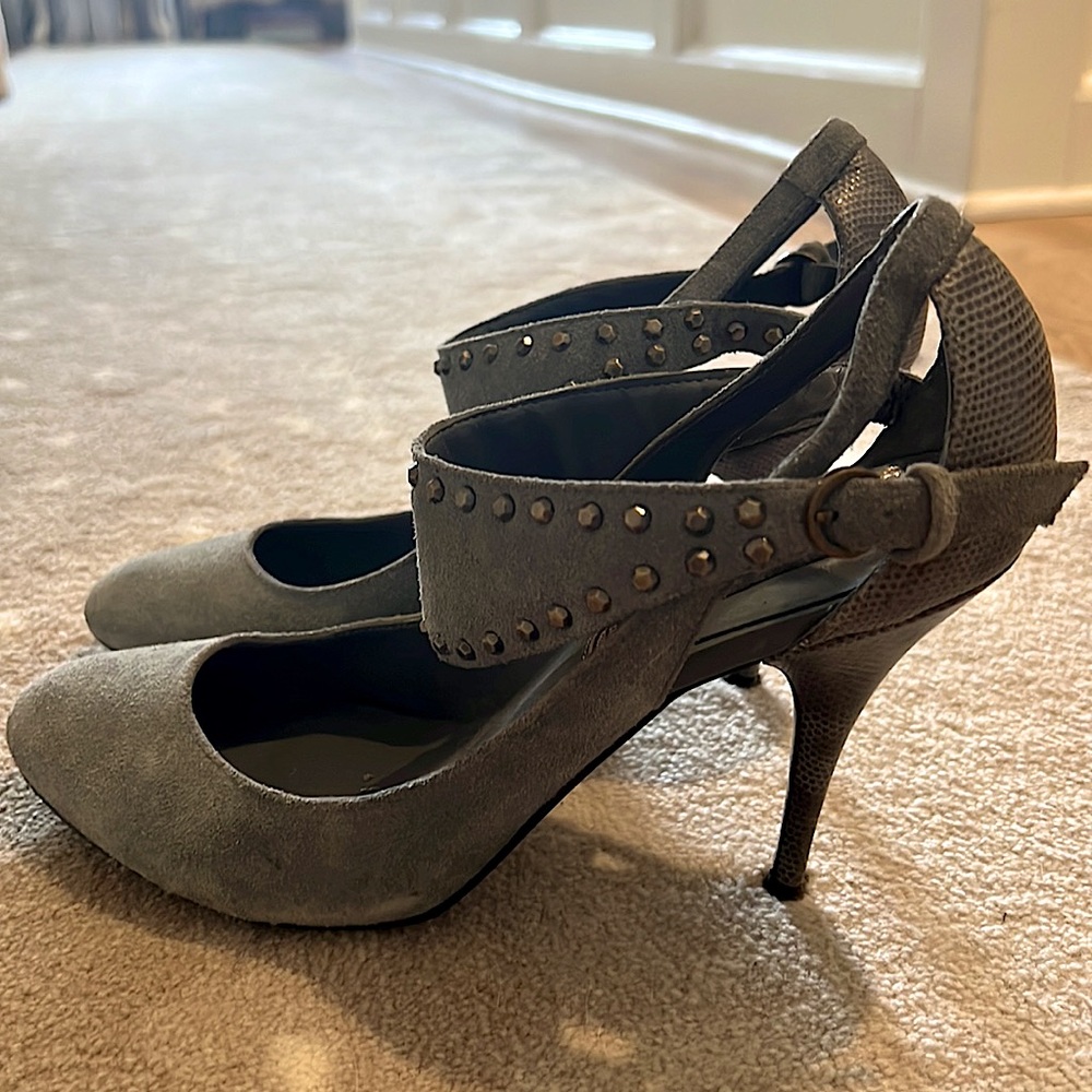 Gray suede strap heel